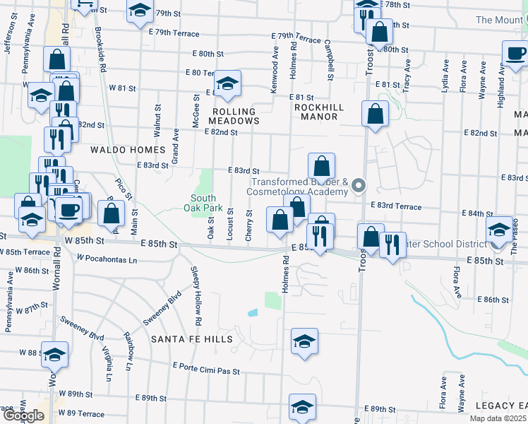 map of restaurants, bars, coffee shops, grocery stores, and more near 8334 Kenwood Avenue in Kansas City