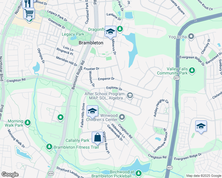 map of restaurants, bars, coffee shops, grocery stores, and more near 42683 Explorer Drive in Brambleton