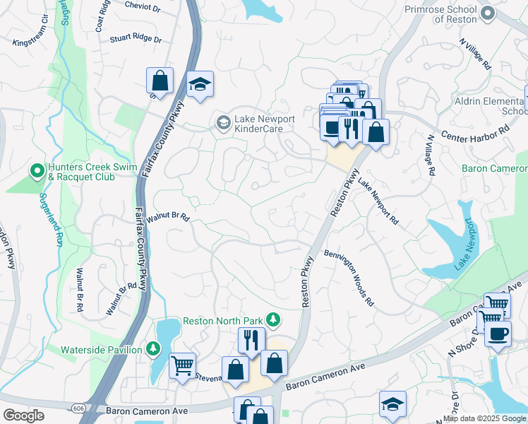 map of restaurants, bars, coffee shops, grocery stores, and more near 1622 Barnstead Drive in Reston
