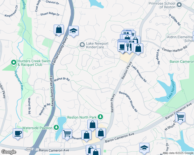 map of restaurants, bars, coffee shops, grocery stores, and more near 1622 Barnstead Drive in Reston