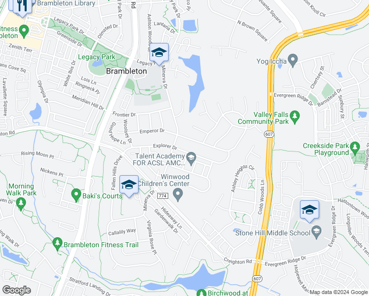 map of restaurants, bars, coffee shops, grocery stores, and more near 42726 Explorer Drive in Brambleton