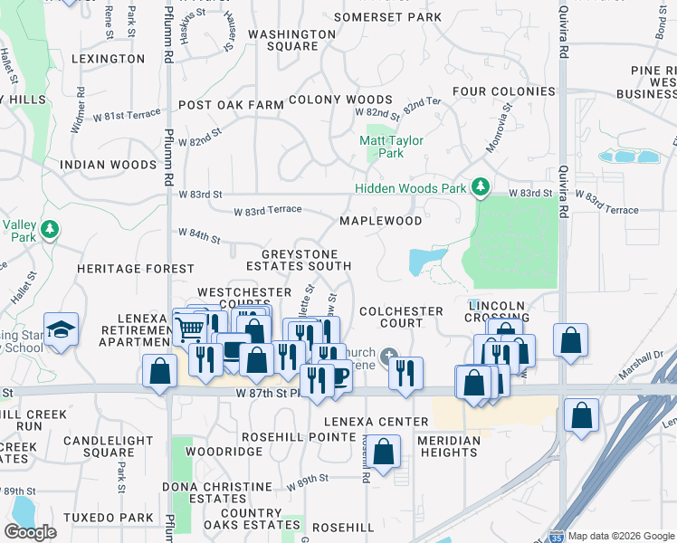 map of restaurants, bars, coffee shops, grocery stores, and more near 8409 Rosehill Road in Lenexa