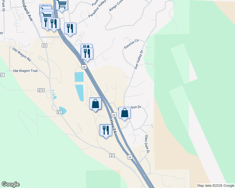 map of restaurants, bars, coffee shops, grocery stores, and more near 19569 U.S. 24 in Woodland Park
