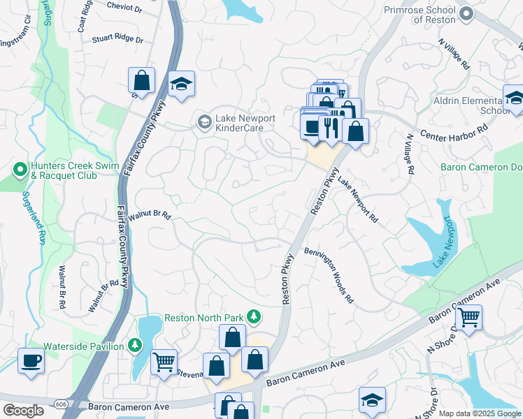map of restaurants, bars, coffee shops, grocery stores, and more near 1603 Barnstead Drive in Reston