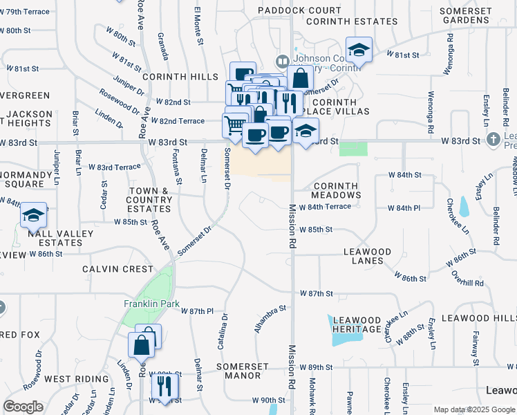 map of restaurants, bars, coffee shops, grocery stores, and more near 4100 West 85th Street in Prairie Village