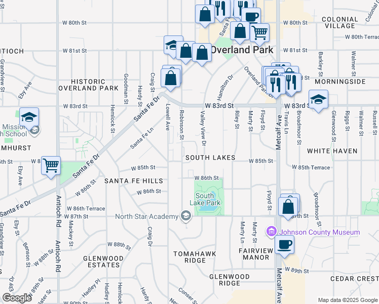 map of restaurants, bars, coffee shops, grocery stores, and more near 7721 West 84th Terrace in Overland Park