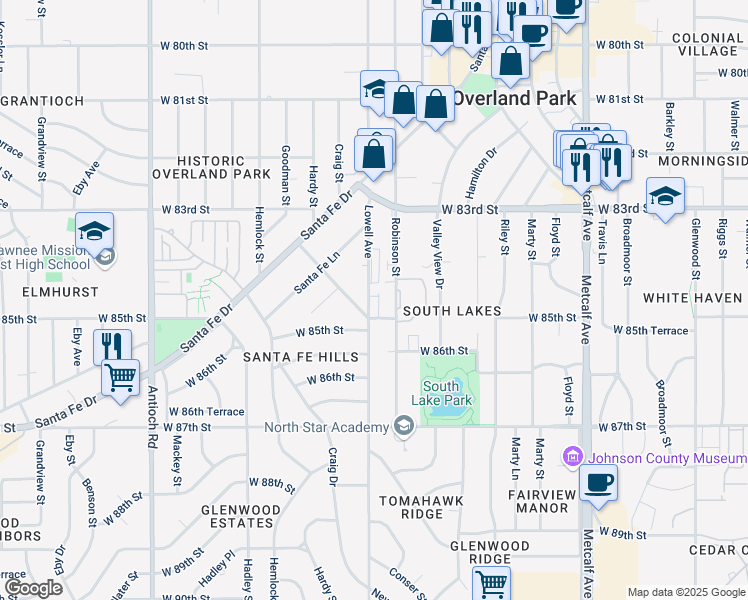 map of restaurants, bars, coffee shops, grocery stores, and more near 8435 Lowell Avenue in Overland Park