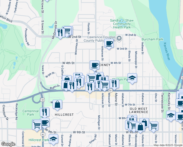 map of restaurants, bars, coffee shops, grocery stores, and more near 423 Michigan Street in Lawrence
