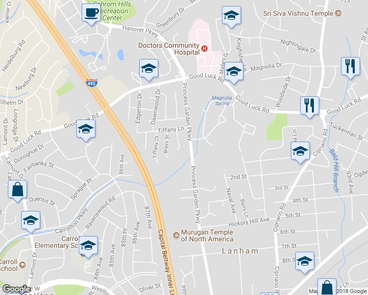 map of restaurants, bars, coffee shops, grocery stores, and more near 6405 Dahlgreen Court in Lanham-Seabrook