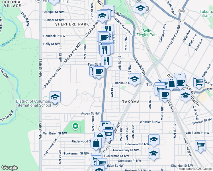 map of restaurants, bars, coffee shops, grocery stores, and more near 7019 Georgia Avenue Northwest in Washington