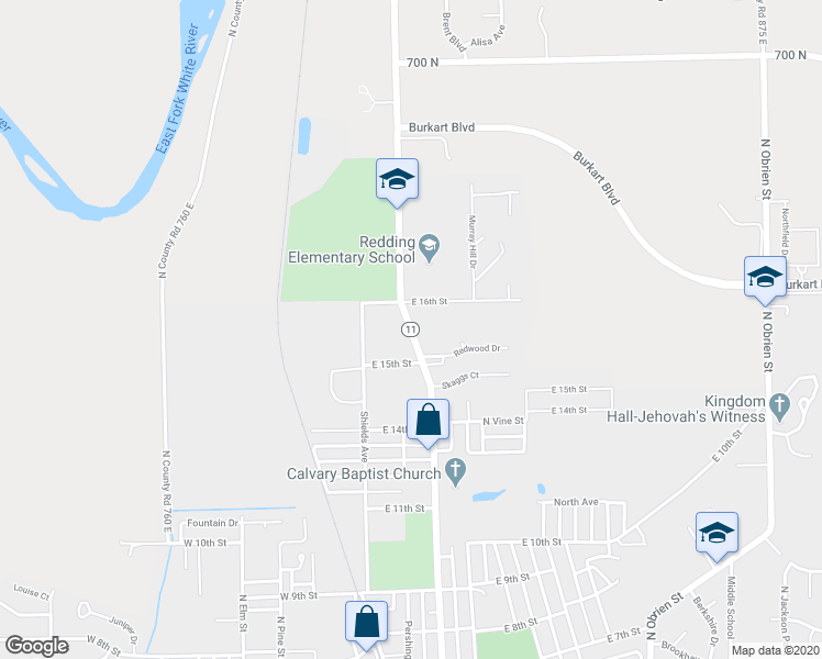 map of restaurants, bars, coffee shops, grocery stores, and more near 1700 North Ewing Street in Seymour