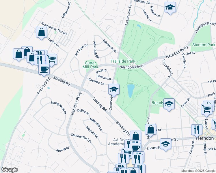 map of restaurants, bars, coffee shops, grocery stores, and more near 1303 Bayshire Lane in Herndon