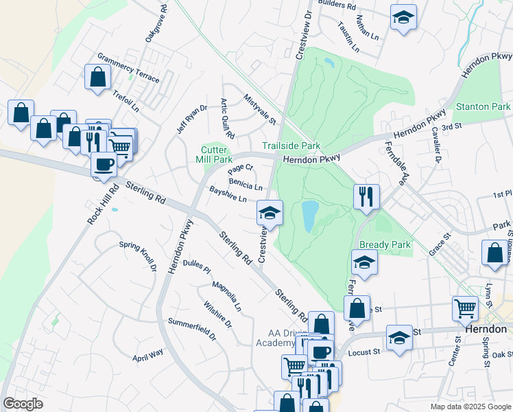 map of restaurants, bars, coffee shops, grocery stores, and more near 1303 Bayshire Lane in Herndon
