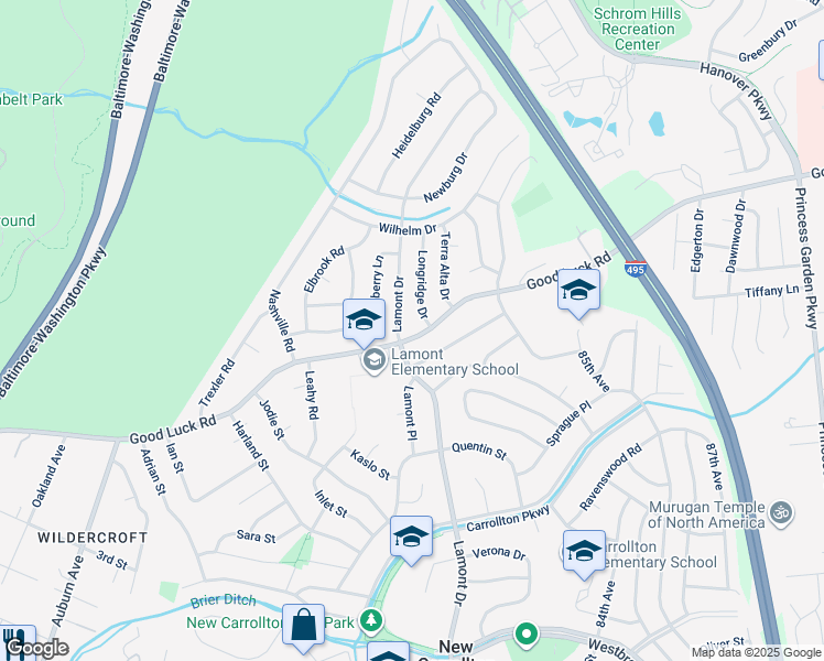 map of restaurants, bars, coffee shops, grocery stores, and more near 7202 Good Luck Road in Lanham