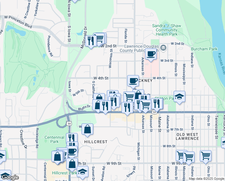 map of restaurants, bars, coffee shops, grocery stores, and more near 422 Wisconsin Street in Lawrence