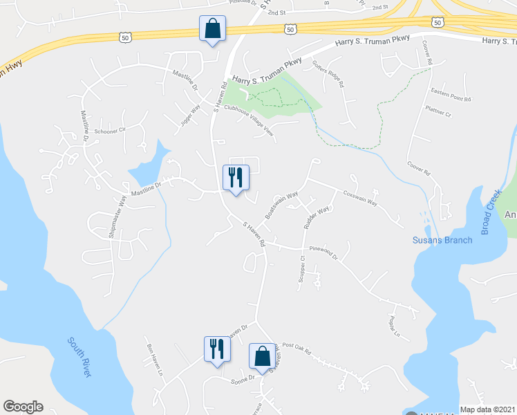 map of restaurants, bars, coffee shops, grocery stores, and more near 2717 Yeomans Lantern Court in Annapolis