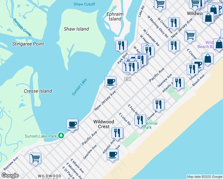map of restaurants, bars, coffee shops, grocery stores, and more near 108 West Forget-Me-Not Road in Wildwood Crest