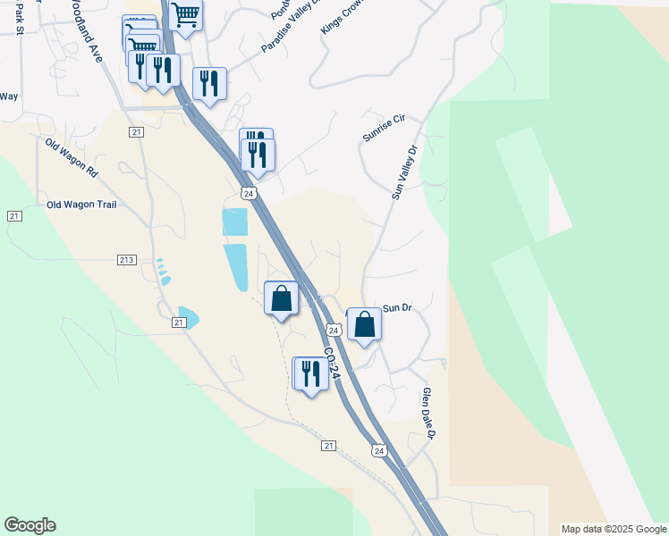 map of restaurants, bars, coffee shops, grocery stores, and more near 19569 U.S. 24 in Woodland Park