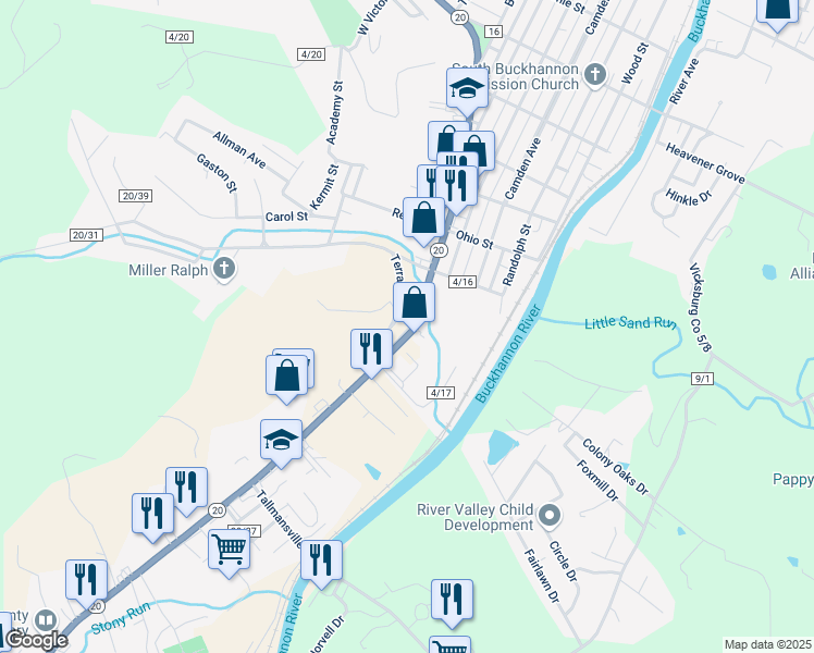 map of restaurants, bars, coffee shops, grocery stores, and more near 121 West Virginia 20 in Buckhannon