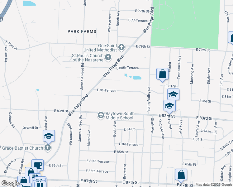 map of restaurants, bars, coffee shops, grocery stores, and more near 8600 East 81 Terrace in Raytown