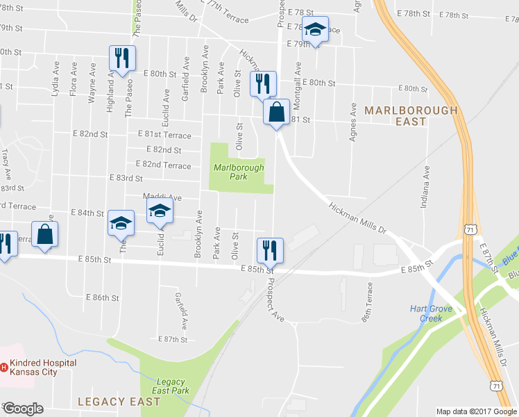 map of restaurants, bars, coffee shops, grocery stores, and more near 8304 Prospect Avenue in Kansas City