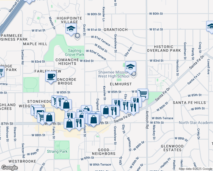 map of restaurants, bars, coffee shops, grocery stores, and more near 8416 Grandview Lane in Overland Park