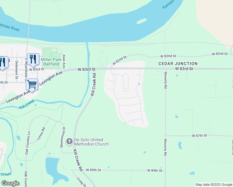 map of restaurants, bars, coffee shops, grocery stores, and more near 31723 West 83rd Court in De Soto