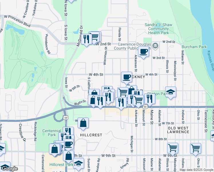map of restaurants, bars, coffee shops, grocery stores, and more near 422 Wisconsin Street in Lawrence