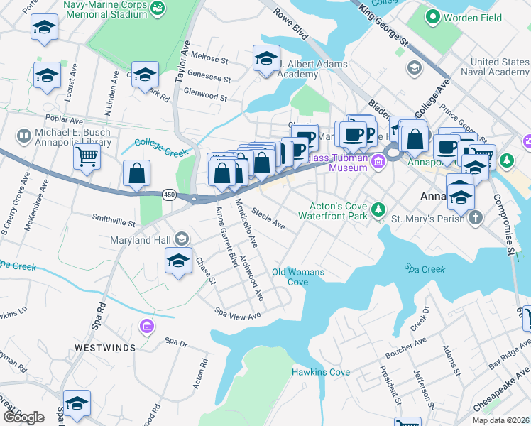 map of restaurants, bars, coffee shops, grocery stores, and more near 34 Steele Avenue in Annapolis