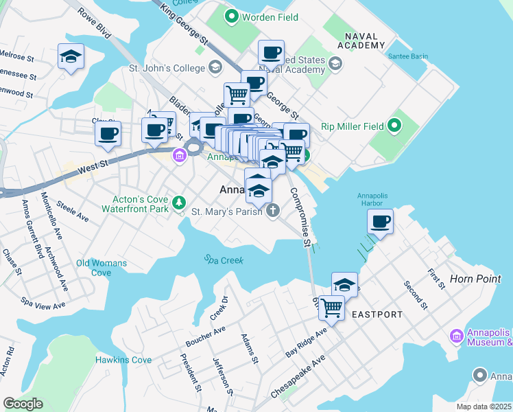 map of restaurants, bars, coffee shops, grocery stores, and more near 111 Duke of Gloucester Street in Annapolis