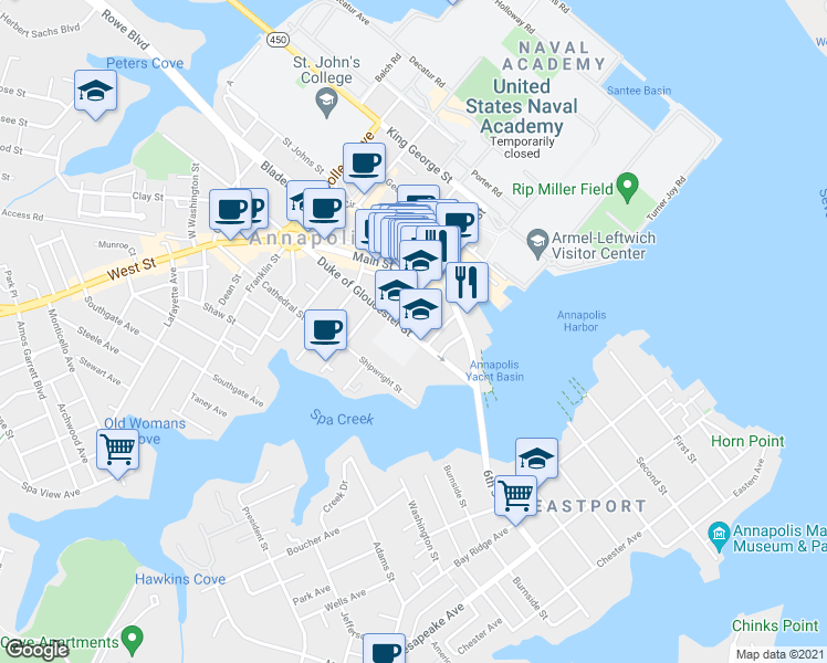map of restaurants, bars, coffee shops, grocery stores, and more near 116 Duke of Gloucester Street in Annapolis