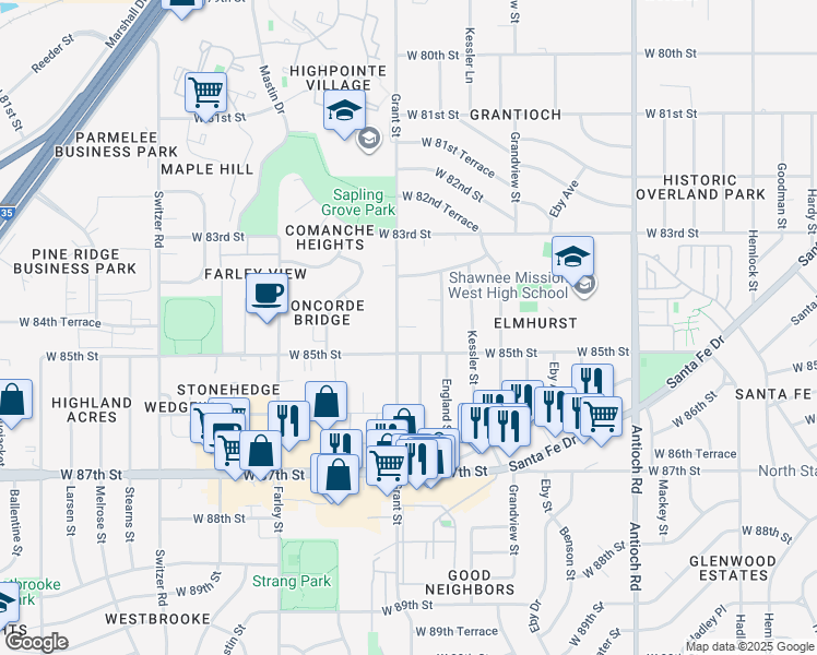 map of restaurants, bars, coffee shops, grocery stores, and more near 14916 Grant in Overland Park