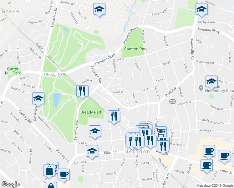 map of restaurants, bars, coffee shops, grocery stores, and more near 981 Branch Drive in Herndon