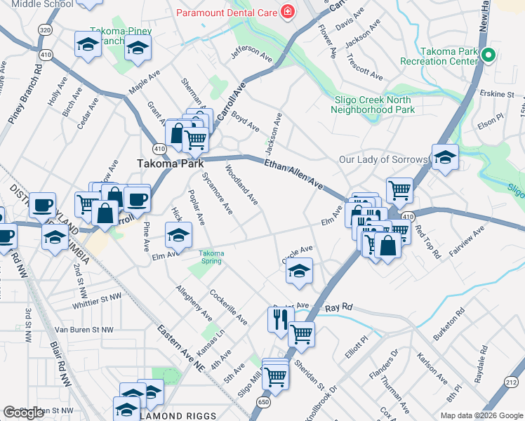 map of restaurants, bars, coffee shops, grocery stores, and more near Woodland Ave & Beech Ave in Takoma Park