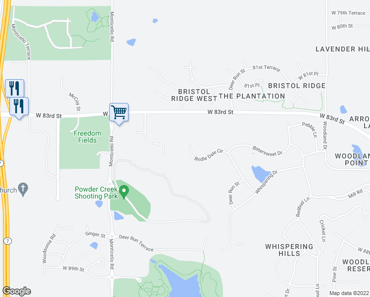 map of restaurants, bars, coffee shops, grocery stores, and more near 8300 Bridle Dale Circle in Lenexa