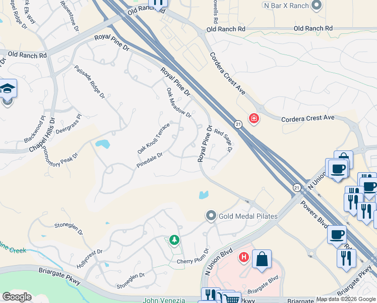 map of restaurants, bars, coffee shops, grocery stores, and more near 3716 Oak Meadow Drive in Colorado Springs