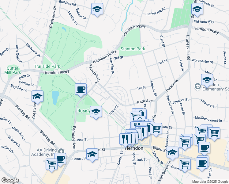 map of restaurants, bars, coffee shops, grocery stores, and more near 981 Branch Drive in Herndon