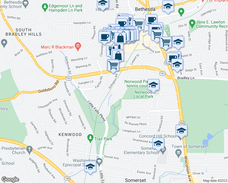 map of restaurants, bars, coffee shops, grocery stores, and more near 6300 Hillandale Road in Bethesda