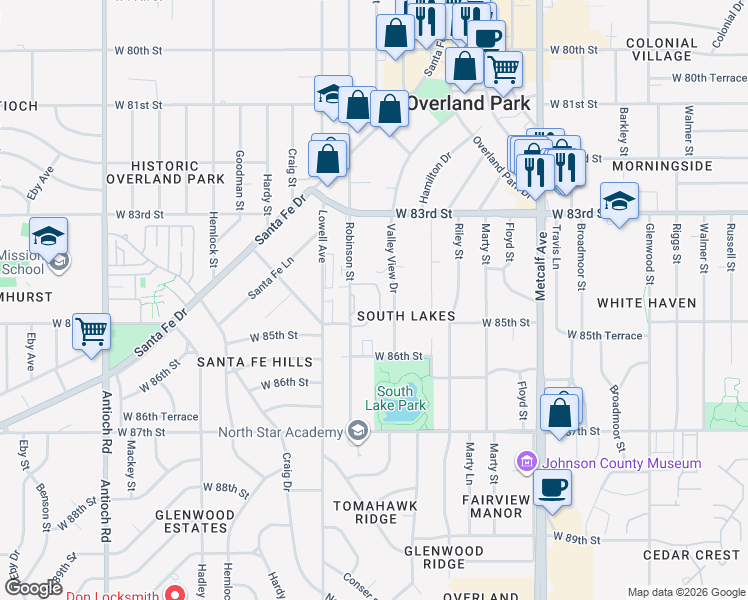 map of restaurants, bars, coffee shops, grocery stores, and more near 7721 West 84th Terrace in Overland Park