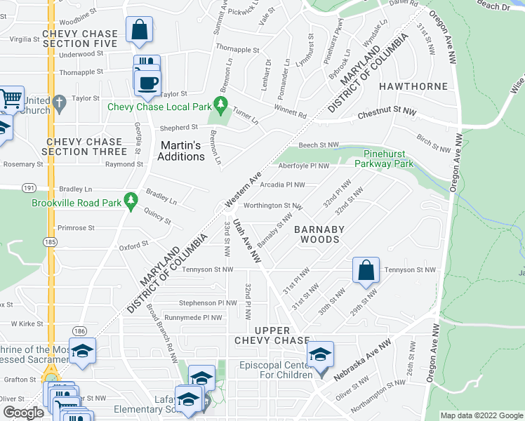 map of restaurants, bars, coffee shops, grocery stores, and more near 3274 Worthington Street Northwest in Washington