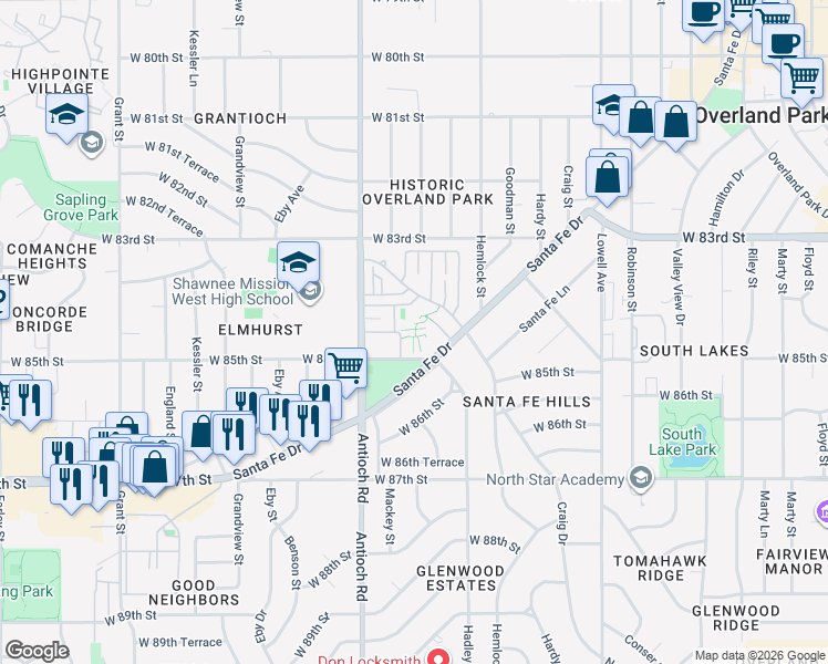 map of restaurants, bars, coffee shops, grocery stores, and more near 8501 West 84th Terrace in Overland Park