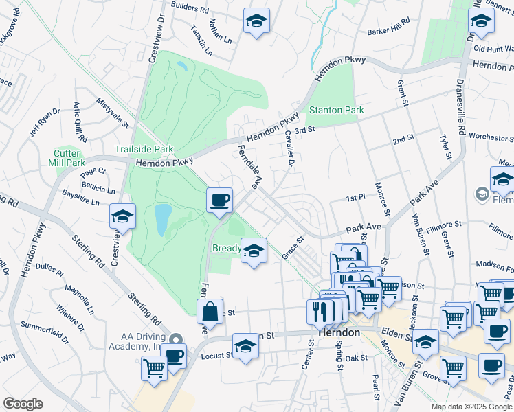 map of restaurants, bars, coffee shops, grocery stores, and more near 950 Barton Oaks Place in Herndon