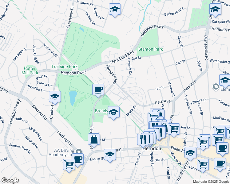 map of restaurants, bars, coffee shops, grocery stores, and more near 950 Barton Oaks Place in Herndon