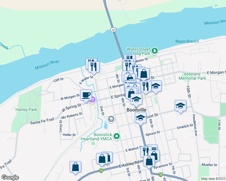 map of restaurants, bars, coffee shops, grocery stores, and more near 300-398 E Morgan St in Boonville