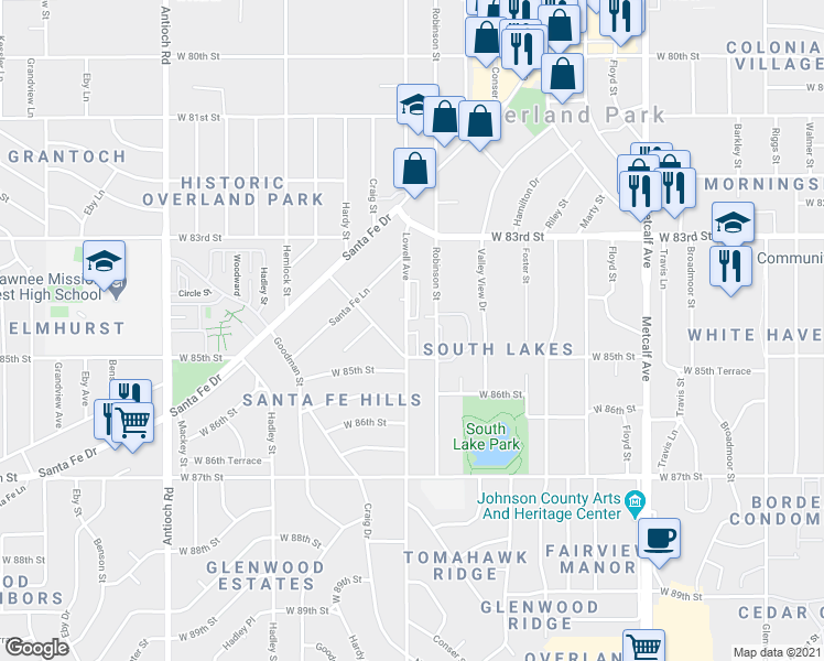 map of restaurants, bars, coffee shops, grocery stores, and more near 8435 Lowell Avenue in Overland Park