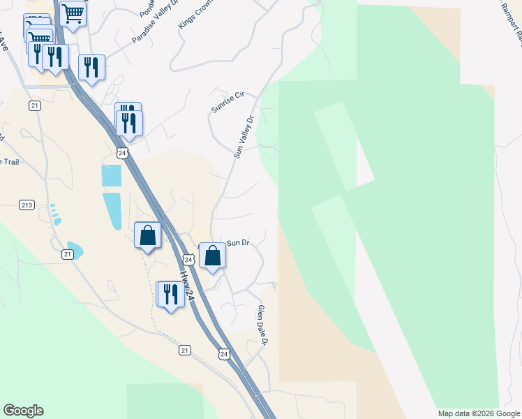map of restaurants, bars, coffee shops, grocery stores, and more near 260 Sun Ridge Court in Woodland Park