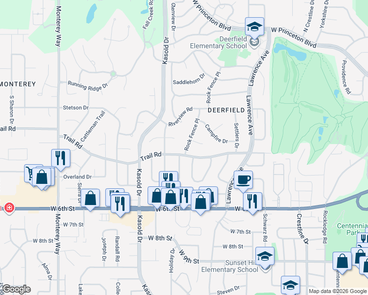 map of restaurants, bars, coffee shops, grocery stores, and more near 425 Rock Fence Place in Lawrence