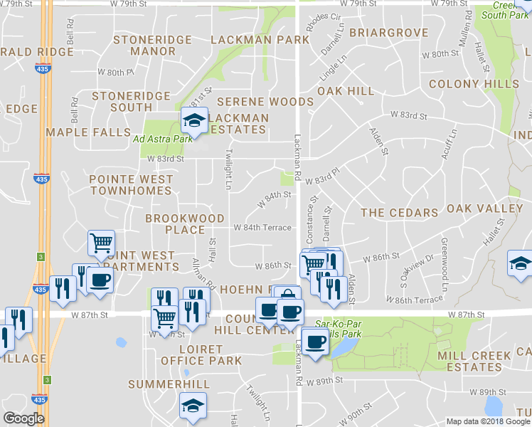 map of restaurants, bars, coffee shops, grocery stores, and more near 15229 West 84th in Lenexa
