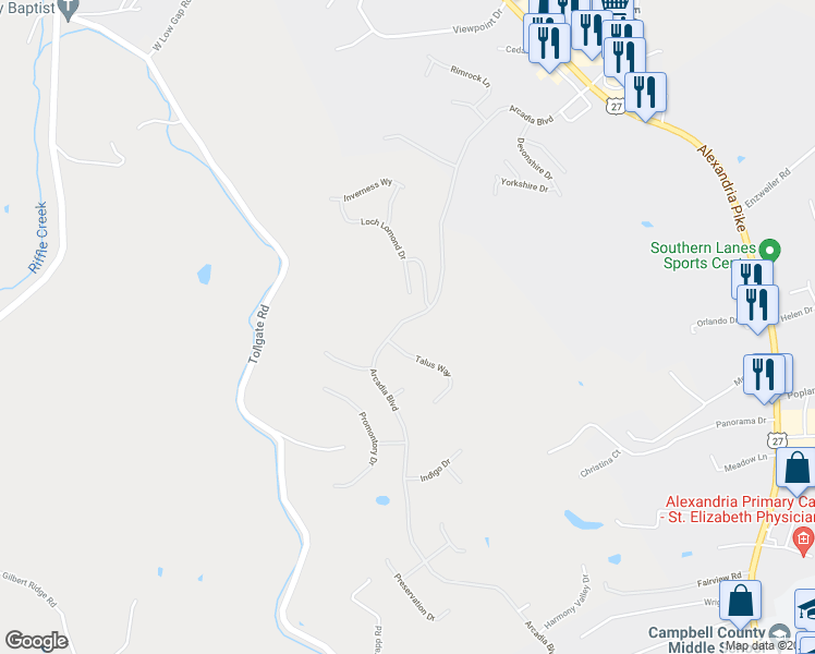 map of restaurants, bars, coffee shops, grocery stores, and more near 7659 Arcadia Boulevard in Alexandria