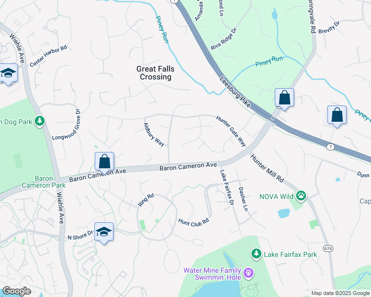 map of restaurants, bars, coffee shops, grocery stores, and more near 1327 Murray Downs Way in Reston